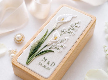 Calla Lily Embroidered Jewelry Box, Personalized Wedding Ring Box, Custom Initials Date, Bridal Keepsake Gift, Handmade Floral Ring Holder