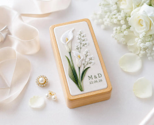 Calla Lily Embroidered Jewelry Box, Personalized Wedding Ring Box, Custom Initials Date, Bridal Keepsake Gift, Handmade Floral Ring Holder
