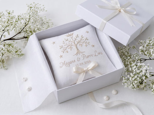 White Linen Ring Bearer Pillow, Botanical Tree Embroidery, Custom Wedding Ring Cushion, Personalized Names Date, Ivory Ribbon, Wedding Gifts