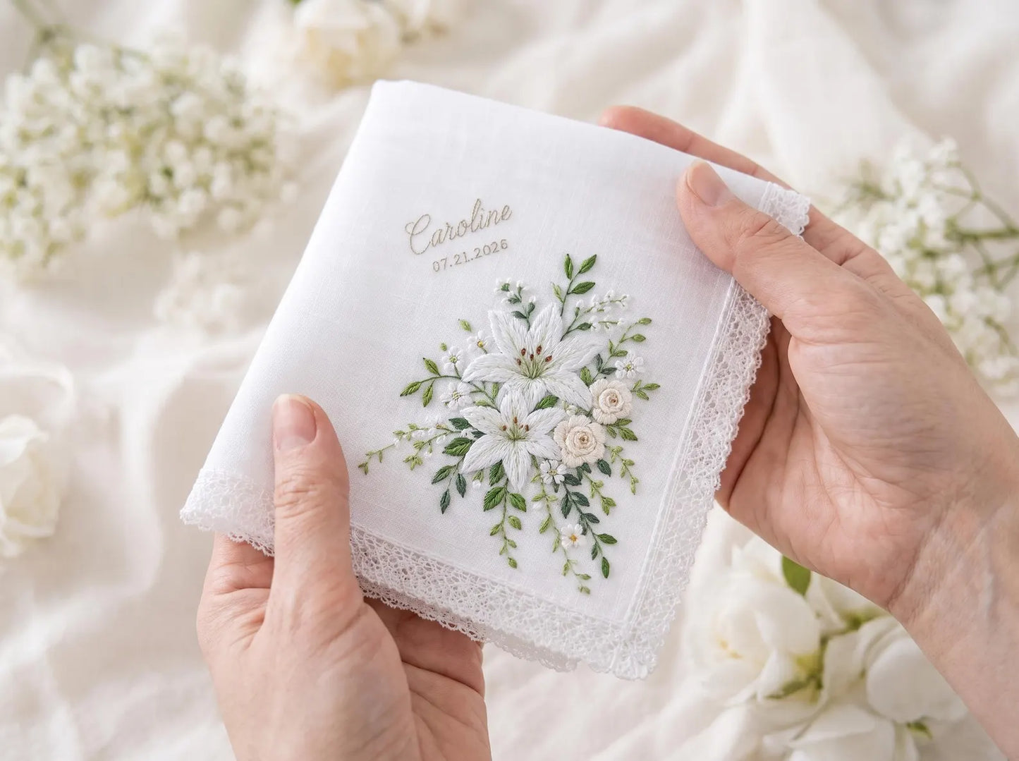 Personalized Stargazer Lily Handkerchief, Custom Wedding Bouquet Embroidery, White Rose Bridal Gift, Mother of the Bride Keepsake