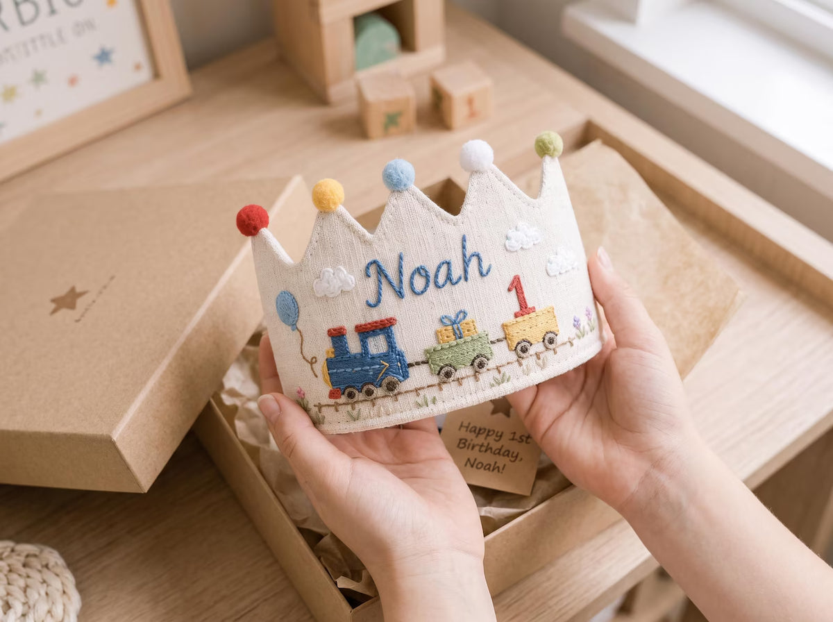 Personalized Embroidered Birthday Crown Hat, Custom Linen Baby Birthday Crown, First Birthday Train Crown, Keepsake Toddler Birthday Gift