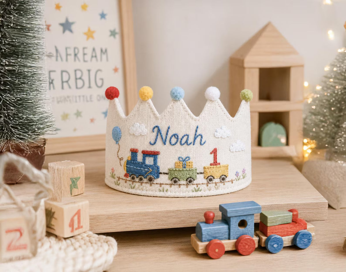 Personalized Embroidered Birthday Crown Hat, Custom Linen Baby Birthday Crown, First Birthday Train Crown, Keepsake Toddler Birthday Gift