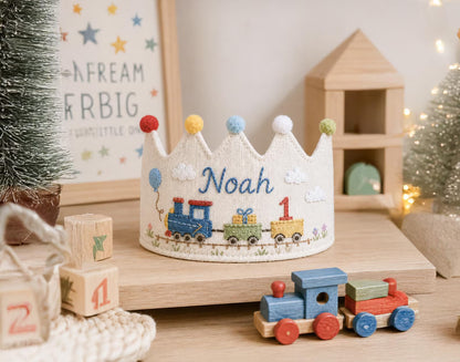 Personalized Embroidered Birthday Crown Hat, Custom Linen Baby Birthday Crown, First Birthday Train Crown, Keepsake Toddler Birthday Gift