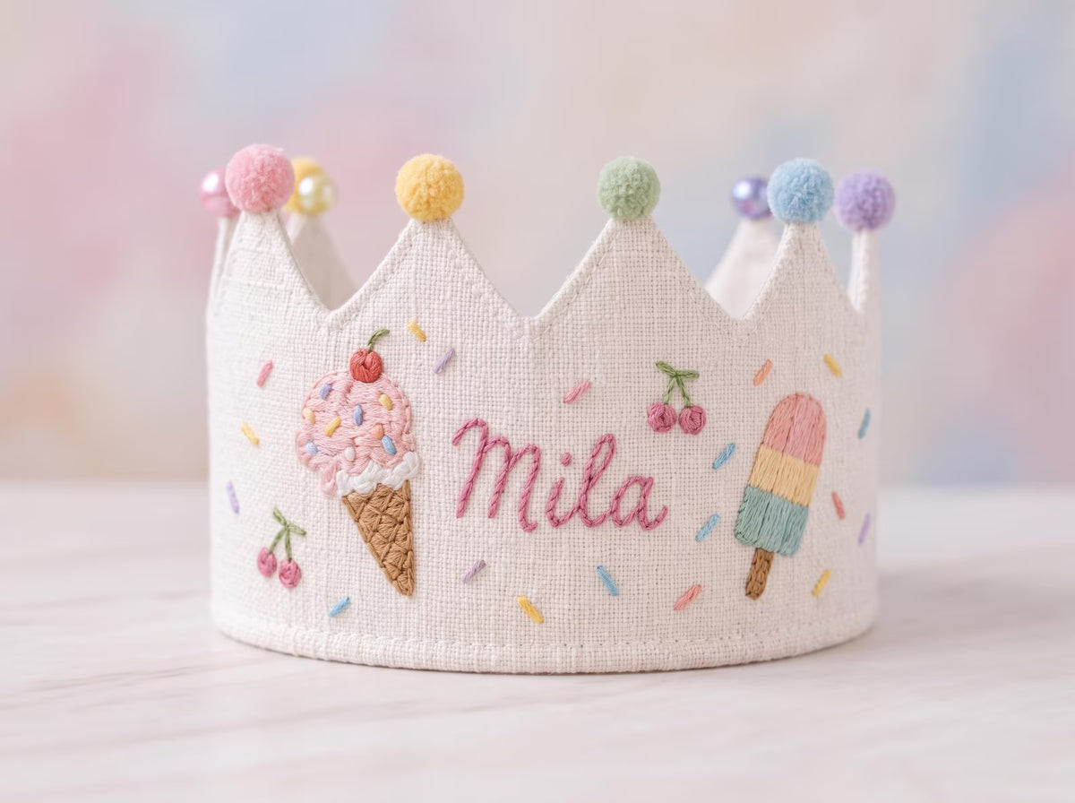 Custom Embroidered Birthday Crown for Kids, Personalized Train Birthday Hat, First Birthday Crown, Baby Birthday Photo Prop, Linen Crown