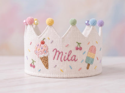 Custom Embroidered Birthday Crown for Kids, Personalized Train Birthday Hat, First Birthday Crown, Baby Birthday Photo Prop, Linen Crown