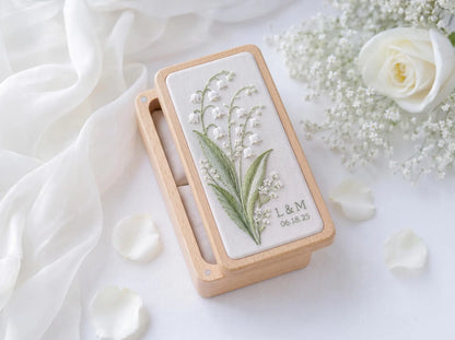Lily of the Valley Wooden Ring Box, Personalized Embroidered Jewelry Box, Custom Initials Date, Wedding Ring Holder, Bridal Keepsake Gift