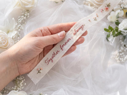 Pink Cherry Blossom Wedding Set, Personalized Ring Pillow Ribbon Pouch, Custom Names Date, Embroidered Bridal Keepsake Gift for Bride Bridal