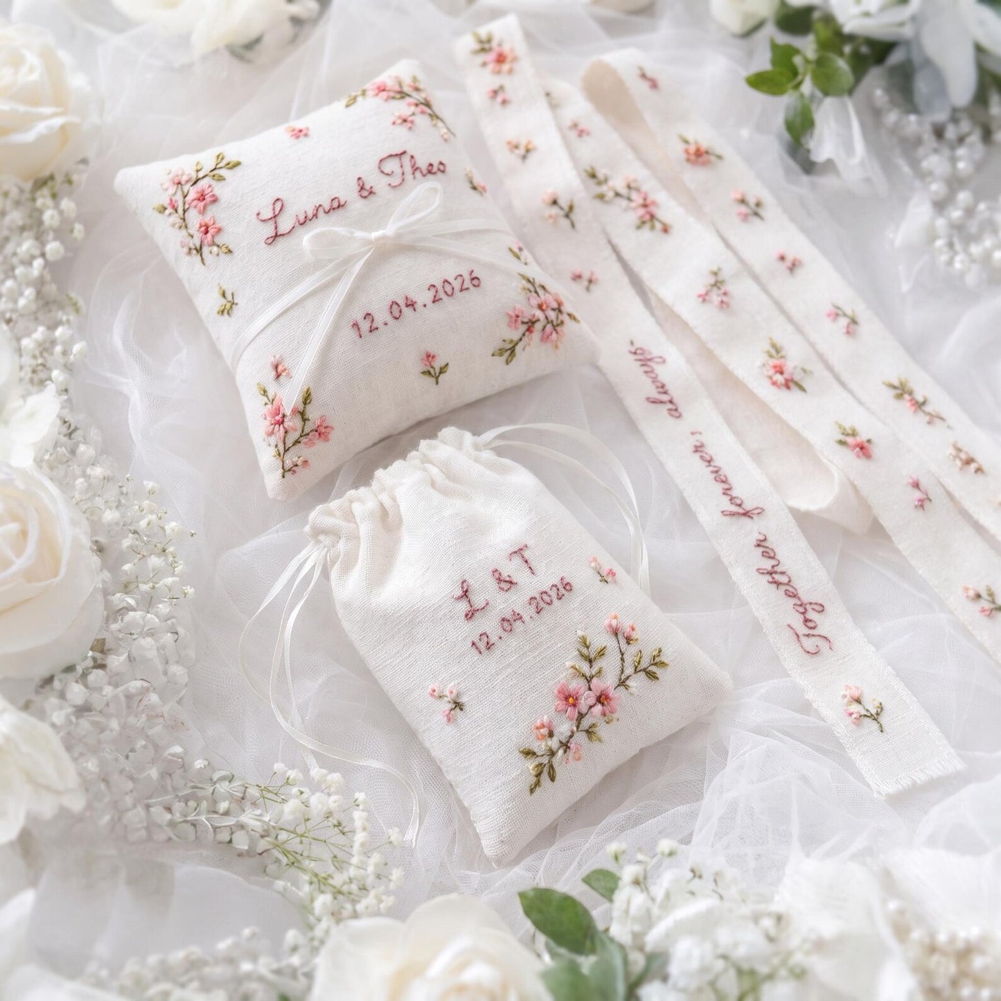 Pink Cherry Blossom Wedding Set, Personalized Ring Pillow Ribbon Pouch, Custom Names Date, Embroidered Bridal Keepsake Gift for Bride Bridal
