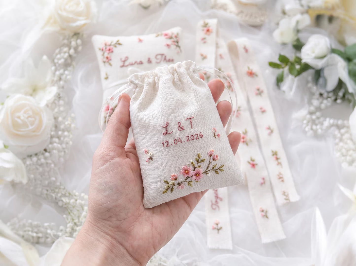 Pink Cherry Blossom Wedding Set, Personalized Ring Pillow Ribbon Pouch, Custom Names Date, Embroidered Bridal Keepsake Gift for Bride Bridal