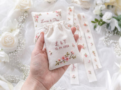 Pink Cherry Blossom Wedding Set, Personalized Ring Pillow Ribbon Pouch, Custom Names Date, Embroidered Bridal Keepsake Gift for Bride Bridal