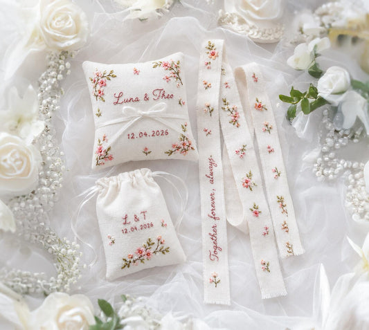 Pink Cherry Blossom Wedding Set, Personalized Ring Pillow Ribbon Pouch, Custom Names Date, Embroidered Bridal Keepsake Gift for Bride Bridal