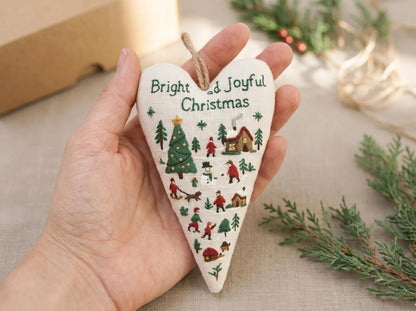 Hand Embroidered Christmas Heart Ornament, Linen Holiday Hanging Decoration, Rustic Winter Scene, Handmade Xmas Tree Keepsake Gift