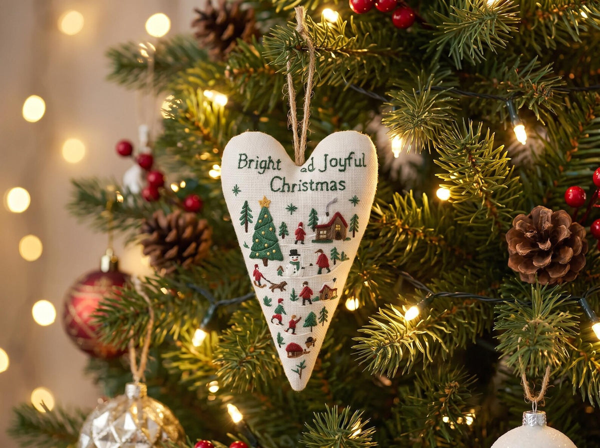 Hand Embroidered Christmas Heart Ornament, Linen Holiday Hanging Decoration, Rustic Winter Scene, Handmade Xmas Tree Keepsake Gift