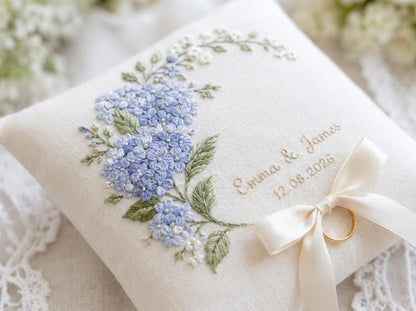 Hydrangea Ring Bearer Pillow, Custom Embroidered Wedding Ring Cushion, Something Blue Bridal Gift, Names and Date