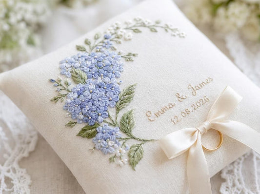Hydrangea Ring Bearer Pillow, Custom Embroidered Wedding Ring Cushion, Something Blue Bridal Gift, Names and Date