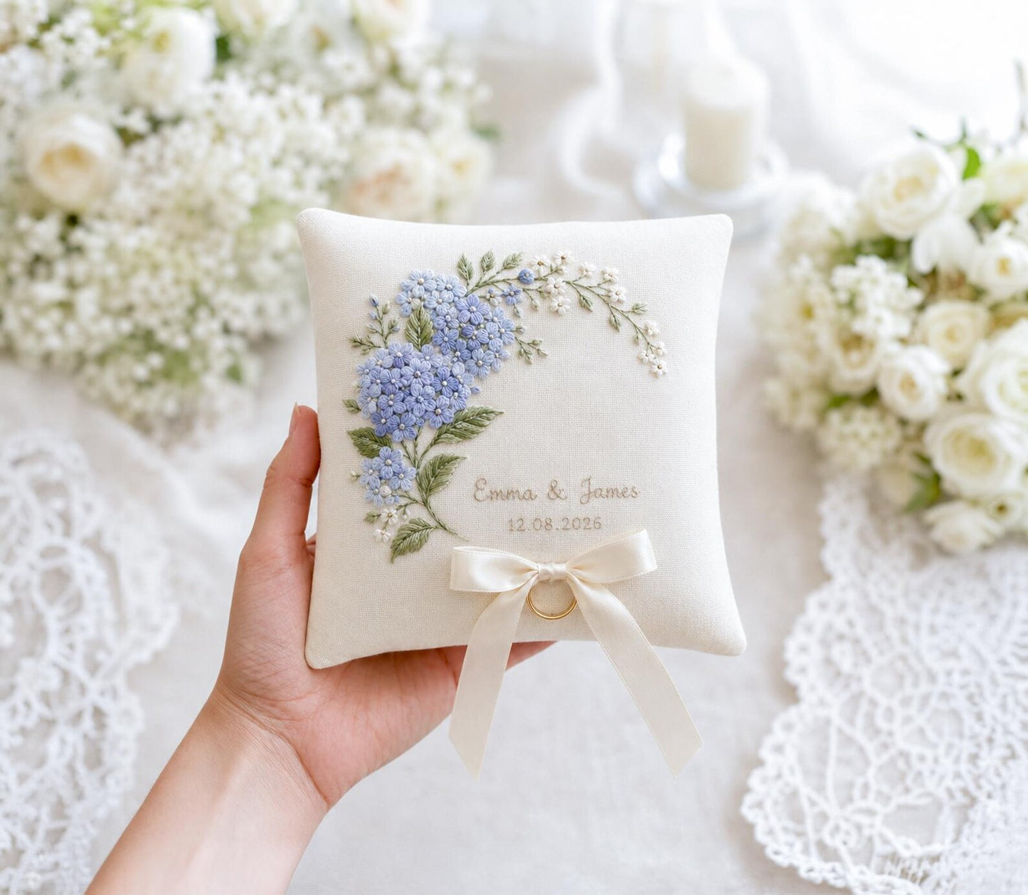 Hydrangea Ring Bearer Pillow, Custom Embroidered Wedding Ring Cushion, Something Blue Bridal Gift, Names and Date