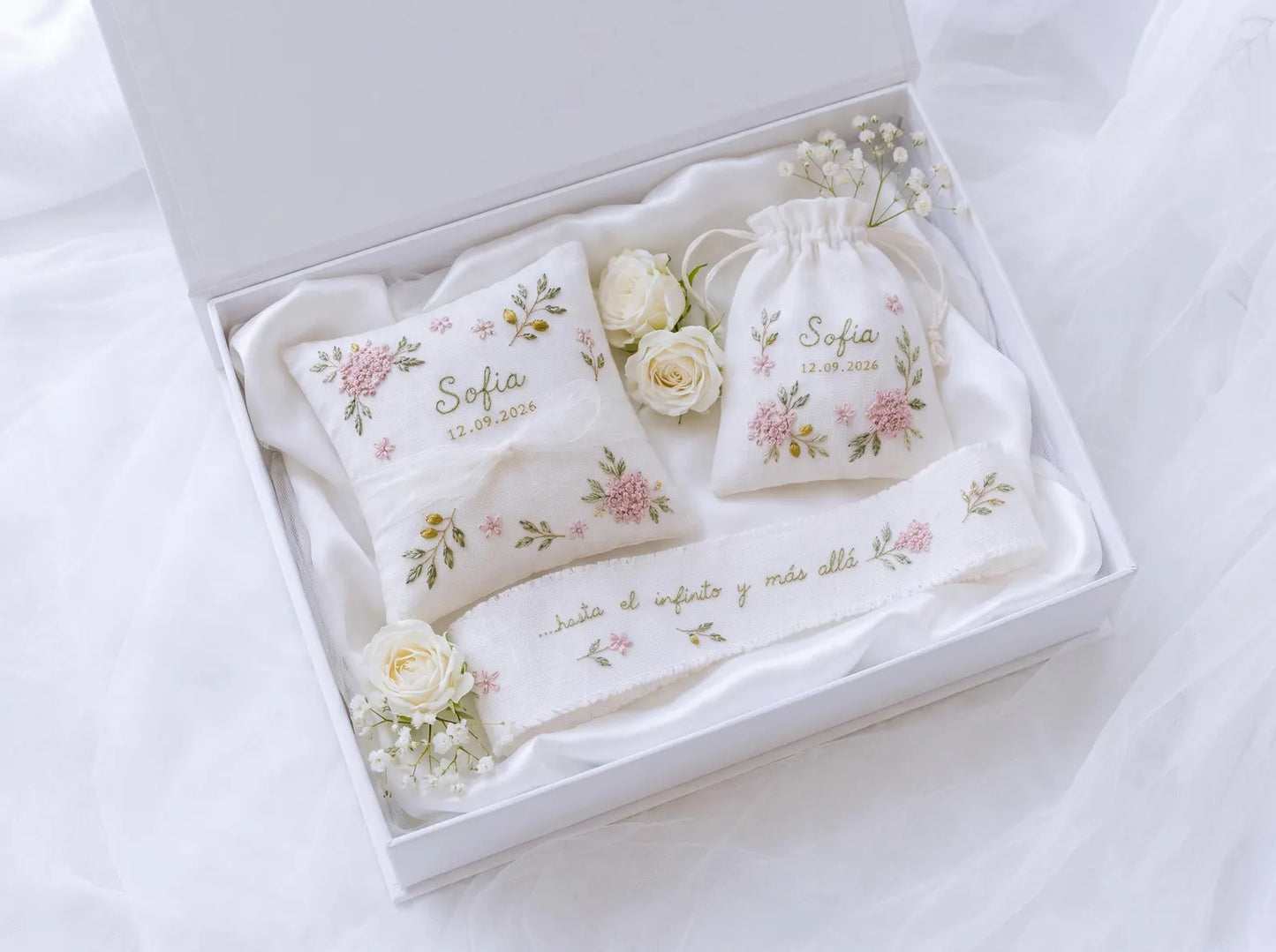 Personalized Hydrangea Wedding Set, Hand Embroidered Ring Pillow, Bouquet Ribbon & Sachet Bag, Pink Olive Bridal Keepsake Gift