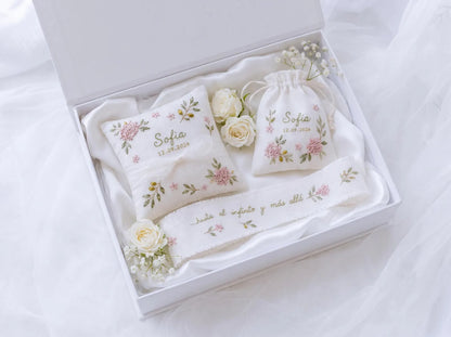 Personalized Hydrangea Wedding Set, Hand Embroidered Ring Pillow, Bouquet Ribbon & Sachet Bag, Pink Olive Bridal Keepsake Gift
