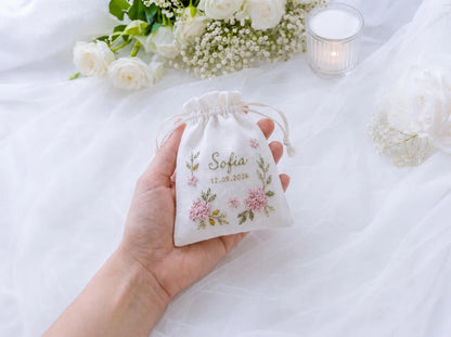 Personalized Hydrangea Wedding Set, Hand Embroidered Ring Pillow, Bouquet Ribbon & Sachet Bag, Pink Olive Bridal Keepsake Gift