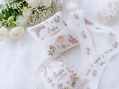 Personalized Hydrangea Wedding Set, Hand Embroidered Ring Pillow, Bouquet Ribbon & Sachet Bag, Pink Olive Bridal Keepsake Gift