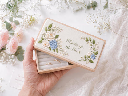 Personalized Mother of the Bride Jewelry Box, White Rose Hydrangea Embroidery, Mother of the Groom Gift, Floral Wooden Keepsake Box, for Mom