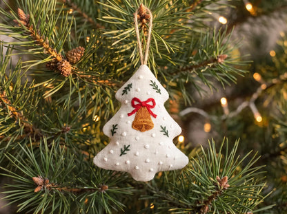 Hand Embroidered Christmas Tree Ornament, Linen Bell Decoration, Handmade Holiday Keepsake, Rustic Xmas Gift, Stocking Stuffer Festive Decor
