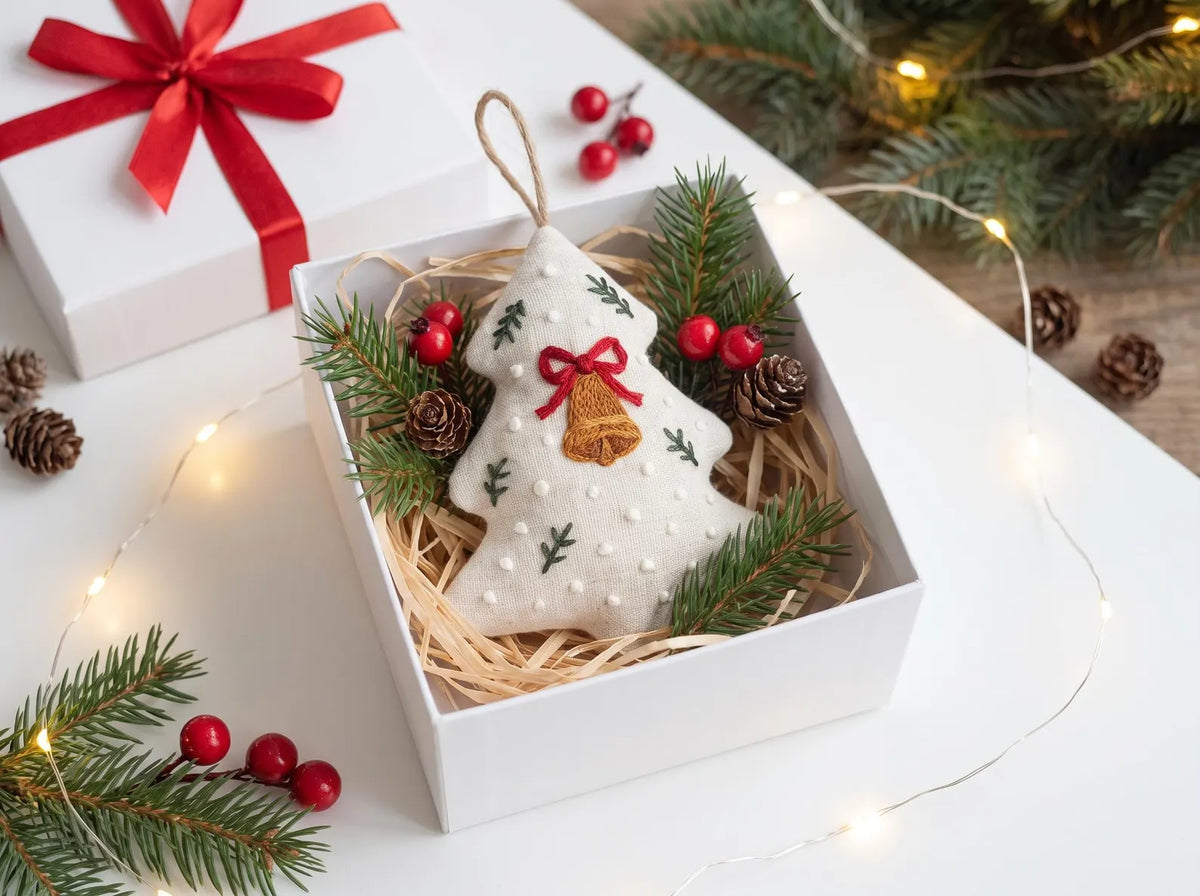 Hand Embroidered Christmas Tree Ornament, Linen Bell Decoration, Handmade Holiday Keepsake, Rustic Xmas Gift, Stocking Stuffer Festive Decor