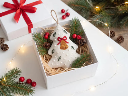 Hand Embroidered Christmas Tree Ornament, Linen Bell Decoration, Handmade Holiday Keepsake, Rustic Xmas Gift, Stocking Stuffer Festive Decor