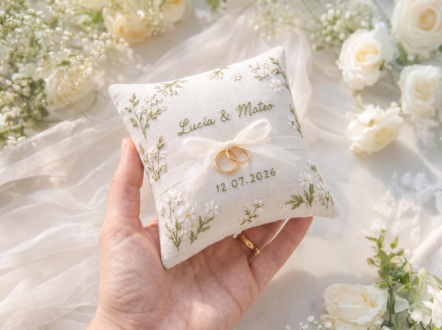 Personalized Daisy Wedding Ring Pillow Set, Embroidered Ring Bearer Cushion, Custom Bridal Ribbon, Keepsake Bag, Names and Wedding Date Gift