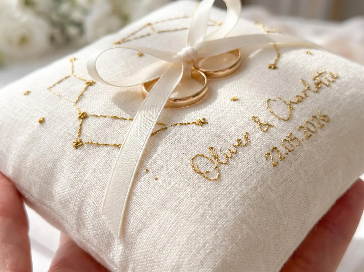 Personalized Constellation Ring Bearer Pillow, Embroidered Wedding Pillow with Names Date, Custom Linen Ring Pillow, Celestial Wedding Decor