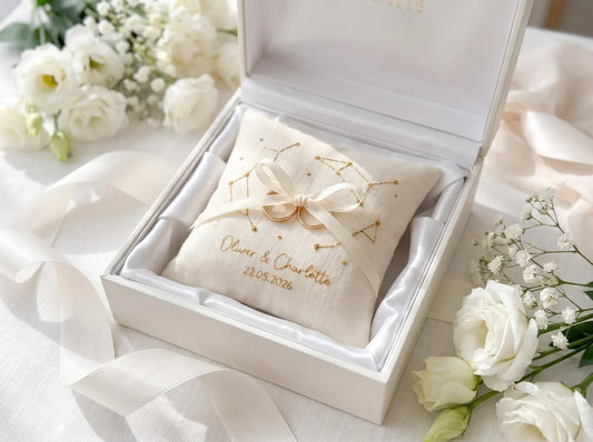Personalized Constellation Ring Bearer Pillow, Embroidered Wedding Pillow with Names Date, Custom Linen Ring Pillow, Celestial Wedding Decor
