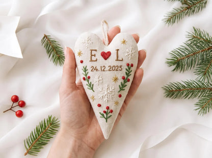 Personalized Wedding Heart Ornament – Hand Embroidered Linen Floral Ornament with Names & Date – Custom Wedding Christmas Gift Decoration