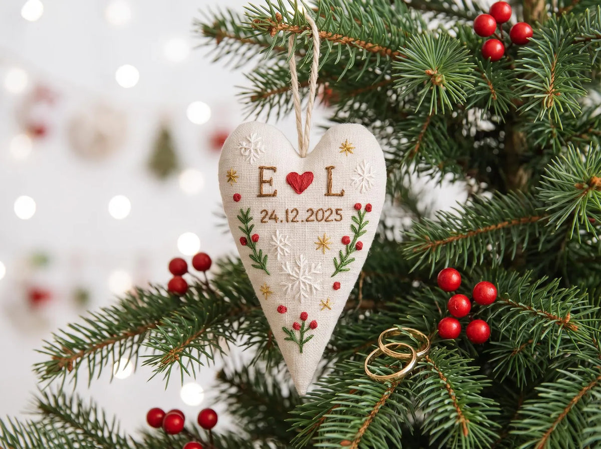 Personalized Wedding Heart Ornament – Hand Embroidered Linen Floral Ornament with Names & Date – Custom Wedding Christmas Gift Decoration