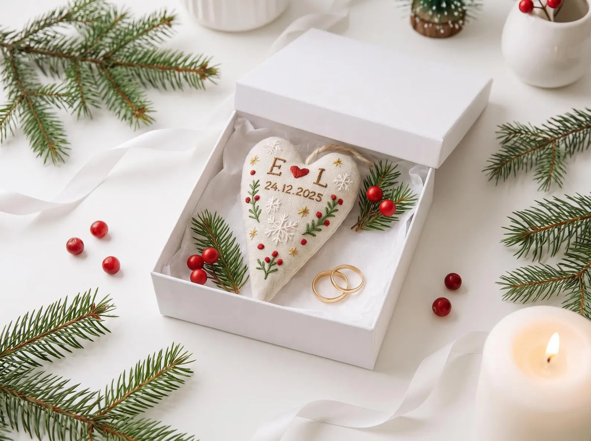 Personalized Wedding Heart Ornament – Hand Embroidered Linen Floral Ornament with Names & Date – Custom Wedding Christmas Gift Decoration