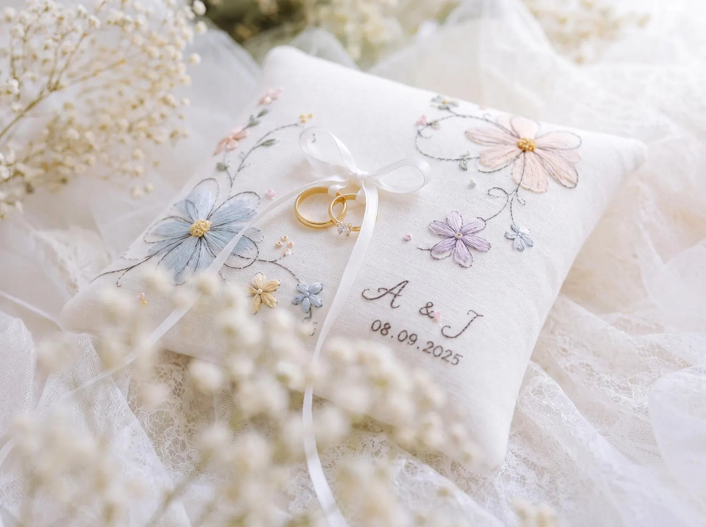 Personalized Embroidered Wedding Ring Pillow, Pastel Floral Ring Bearer Cushion, Custom Initials and Date, Handmade Bridal Keepsake Gift Set