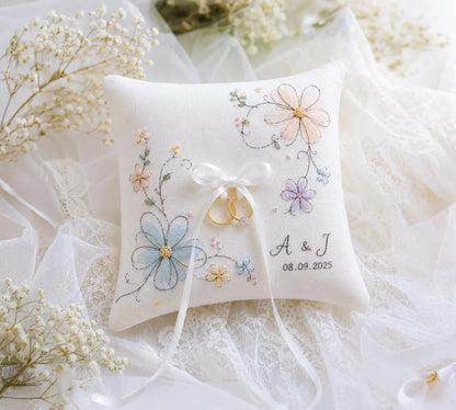 Personalized Embroidered Wedding Ring Pillow, Pastel Floral Ring Bearer Cushion, Custom Initials and Date, Handmade Bridal Keepsake Gift Set