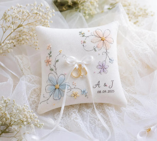 Personalized Embroidered Wedding Ring Pillow, Pastel Floral Ring Bearer Cushion, Custom Initials and Date, Handmade Bridal Keepsake Gift Set
