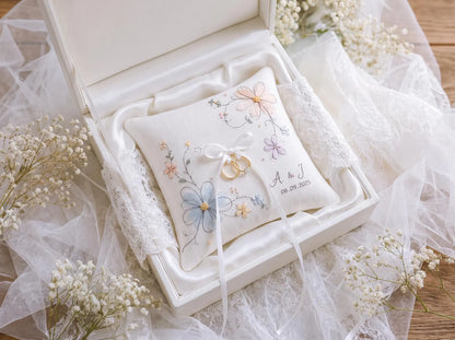 Personalized Embroidered Wedding Ring Pillow, Pastel Floral Ring Bearer Cushion, Custom Initials and Date, Handmade Bridal Keepsake Gift Set