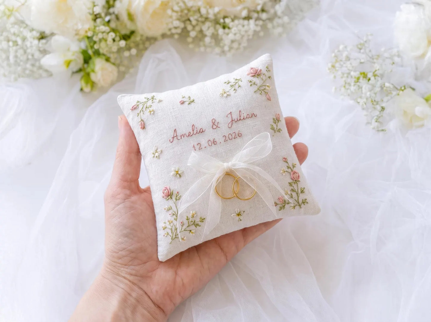 Personalized Blush Rose Wedding Ring Pillow Set, Embroidered Ring Bearer Cushion, Custom Bridal Ribbon, Keepsake Sachet Bag, Names and Date