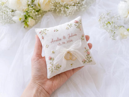 Personalized Blush Rose Wedding Ring Pillow Set, Embroidered Ring Bearer Cushion, Custom Bridal Ribbon, Keepsake Sachet Bag, Names and Date
