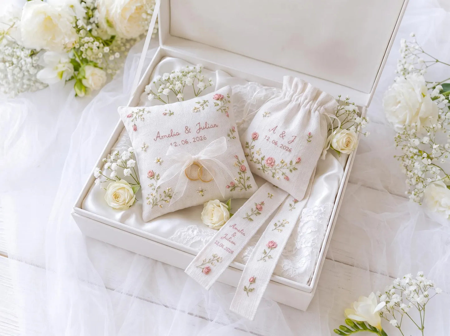 Personalized Blush Rose Wedding Ring Pillow Set, Embroidered Ring Bearer Cushion, Custom Bridal Ribbon, Keepsake Sachet Bag, Names and Date