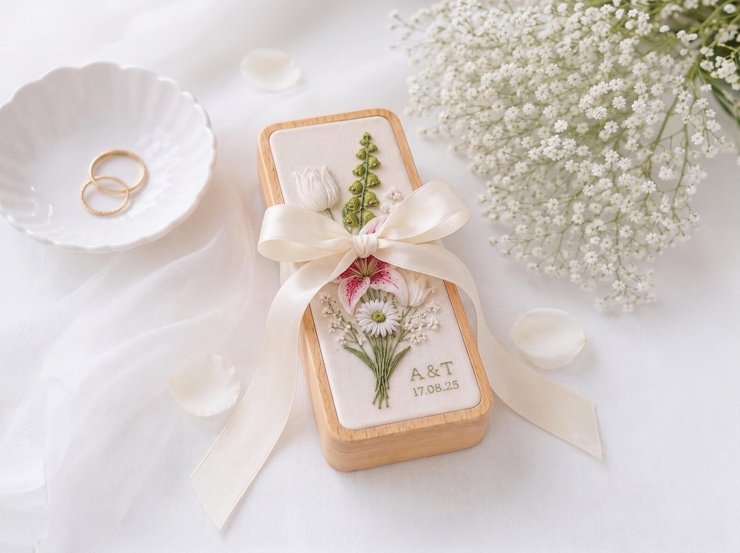 Hand Embroidered Stargazer Lily & Tulip Jewelry Box, Personalized Wedding Bouquet Ring Box, Baby’s Breath Floral Bridal Gift