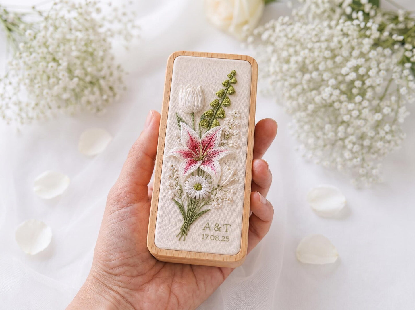 Hand Embroidered Stargazer Lily & Tulip Jewelry Box, Personalized Wedding Bouquet Ring Box, Baby’s Breath Floral Bridal Gift