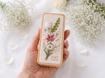 Hand Embroidered Stargazer Lily & Tulip Jewelry Box, Personalized Wedding Bouquet Ring Box, Baby’s Breath Floral Bridal Gift