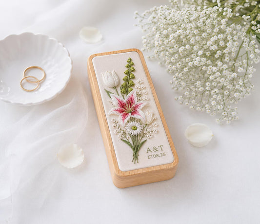 Hand Embroidered Stargazer Lily & Tulip Jewelry Box, Personalized Wedding Bouquet Ring Box, Baby’s Breath Floral Bridal Gift