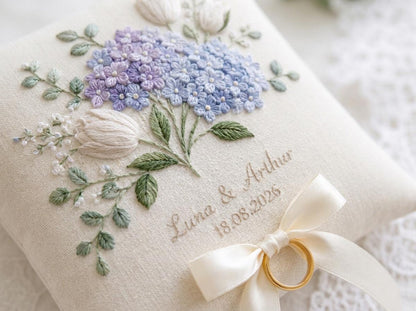 Personalized Hydrangea and White Tulip Embroidered Ring Pillow, Custom Names and Date, Blue Floral Wedding Ring Bearer Pillow Gift, Keepsake