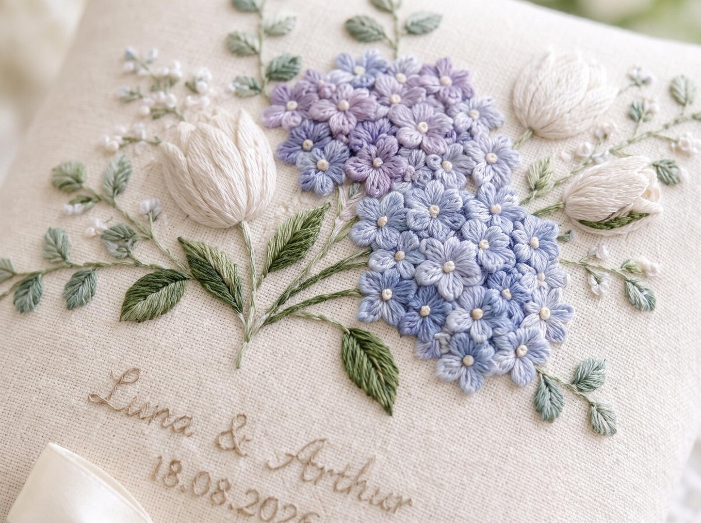 Personalized Hydrangea and White Tulip Embroidered Ring Pillow, Custom Names and Date, Blue Floral Wedding Ring Bearer Pillow Gift, Keepsake