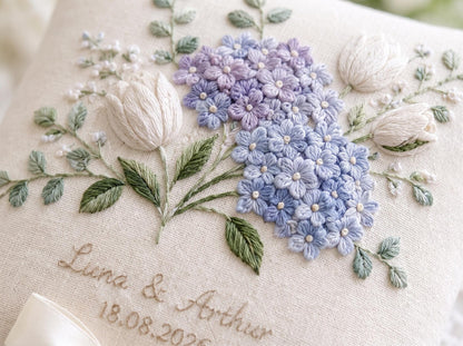 Personalized Hydrangea and White Tulip Embroidered Ring Pillow, Custom Names and Date, Blue Floral Wedding Ring Bearer Pillow Gift, Keepsake