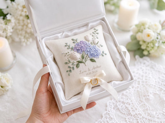 Personalized Hydrangea and White Tulip Embroidered Ring Pillow, Custom Names and Date, Blue Floral Wedding Ring Bearer Pillow Gift, Keepsake