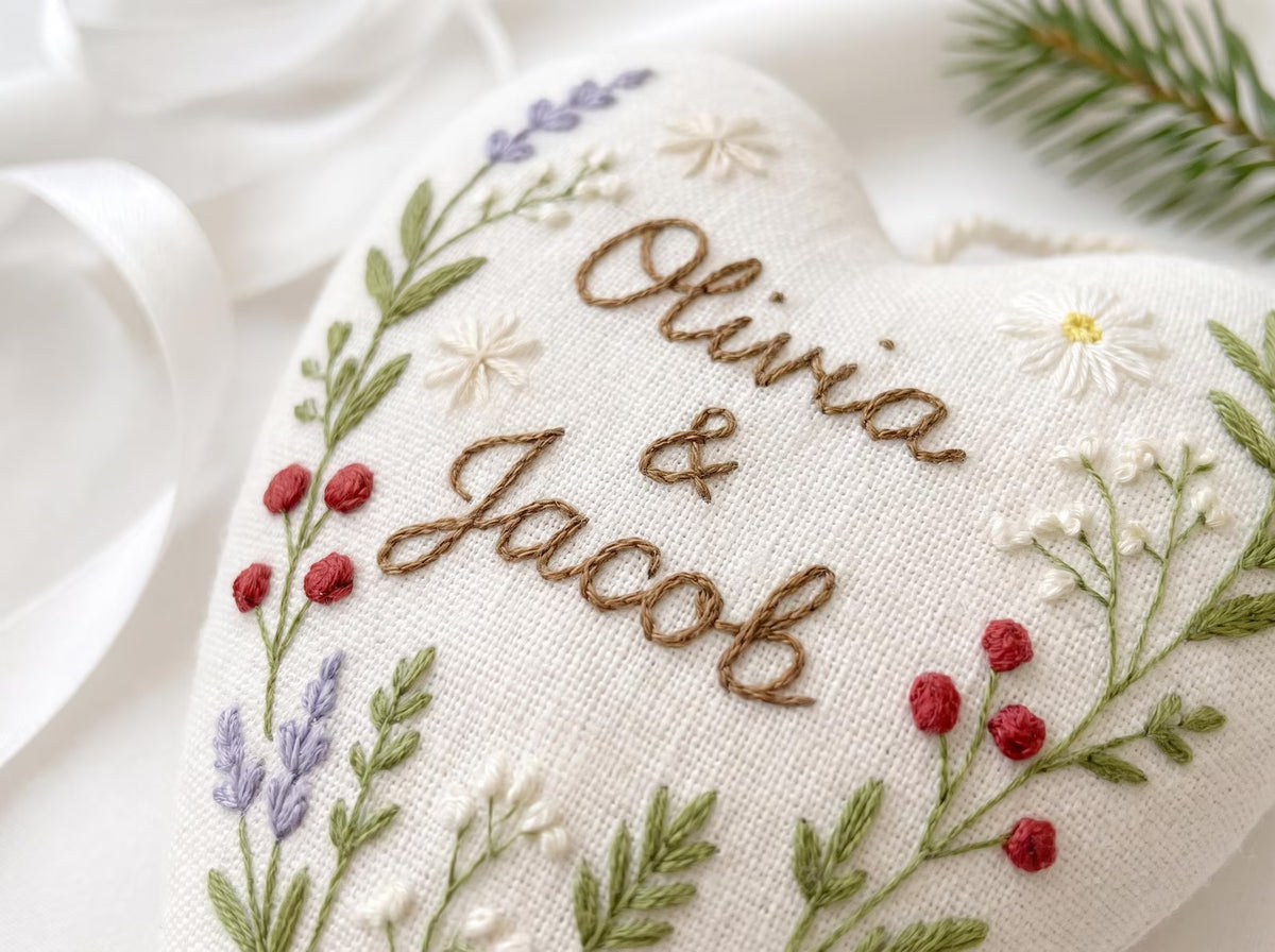 Personalized Wedding Heart Ornament – Hand Embroidered Linen Floral Ornament with Names & Date – Custom Wedding Christmas Gift Decoration